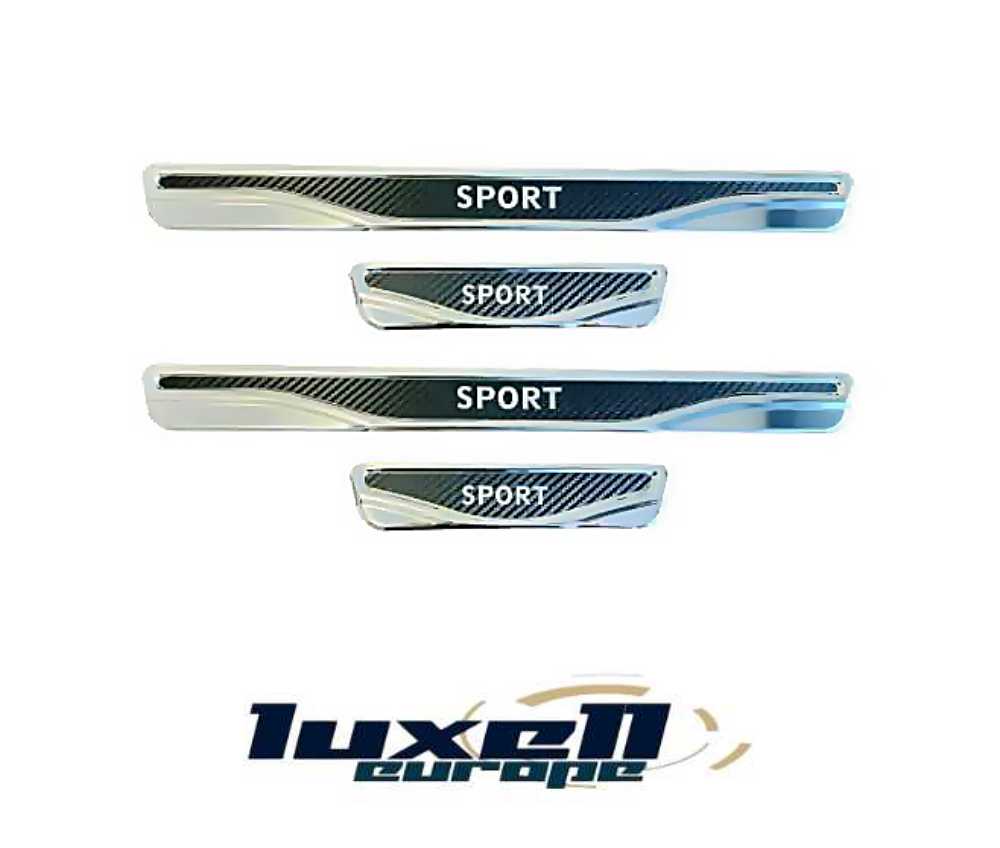 Universal Fit Chrome and Carbon Fiber Door Sill Scratch Guards with "SPORT" logo