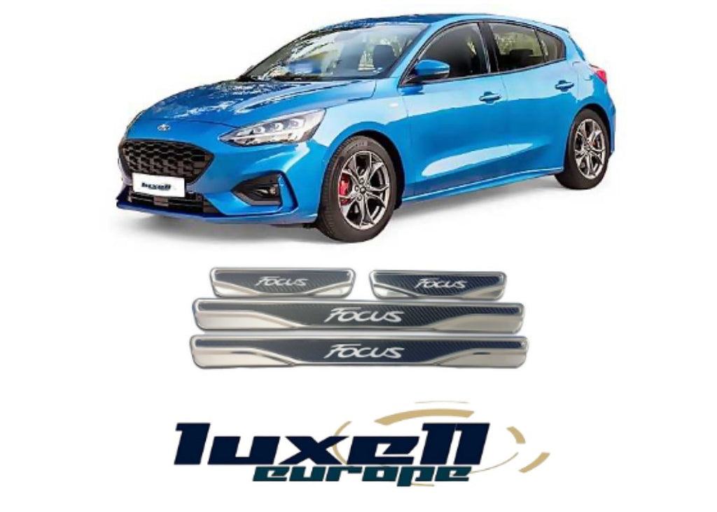 Chrome & Carbon Door Sill Scratch Guard Stainless Steel for All Ford Focus Models and Variants - Luxell Europe