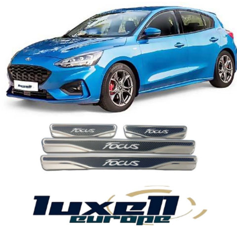 Chrome & Carbon Door Sill Scratch Guard Stainless Steel for All Ford Focus Models and Variants - Luxell Europe