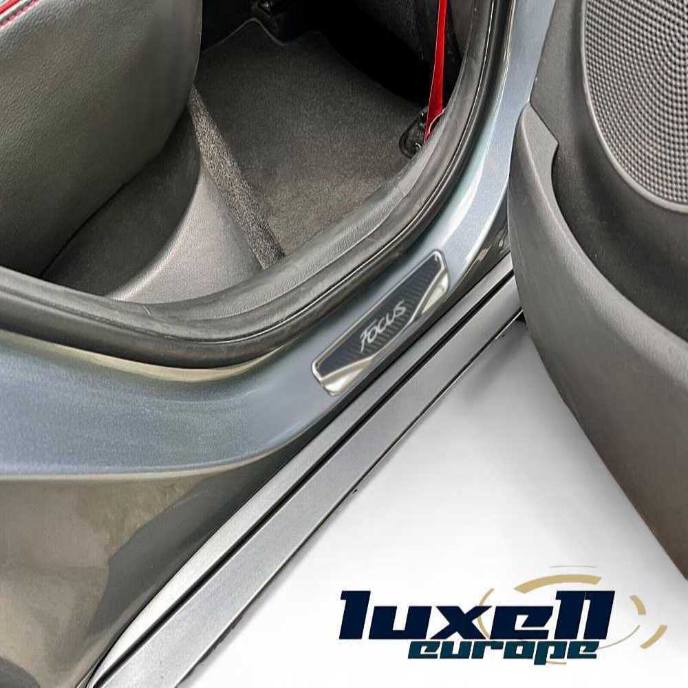 Chrome & Carbon Door Sill Scratch Guard Stainless Steel for All Ford Focus Models and Variants - Luxell Europe