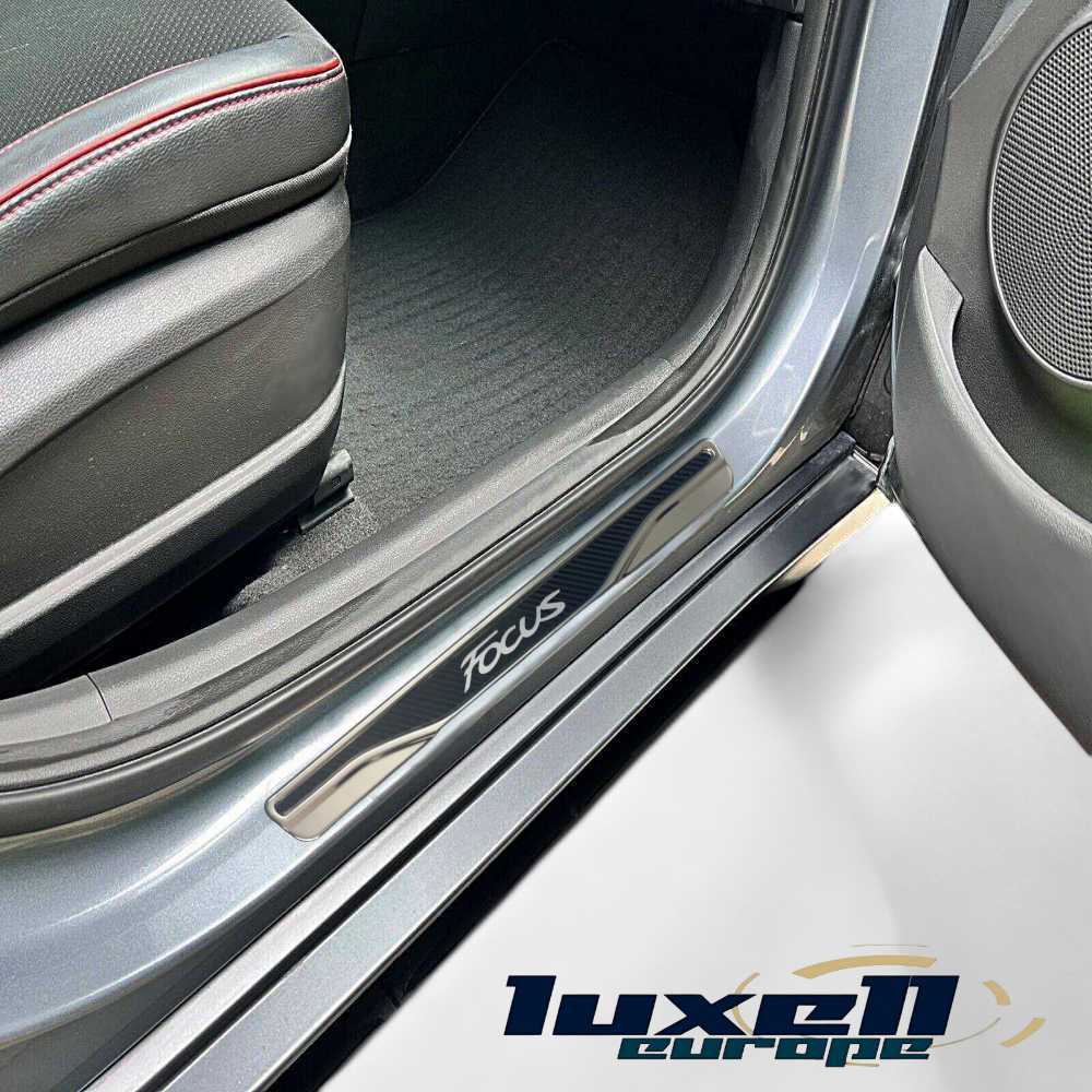 Chrome & Carbon Door Sill Scratch Guard Stainless Steel for All Ford Focus Models and Variants - Luxell Europe