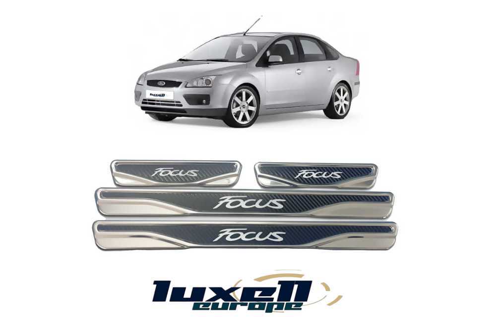 Chrome & Carbon Door Sill Scratch Guard Stainless Steel for All Ford Focus Models and Variants - Luxell Europe