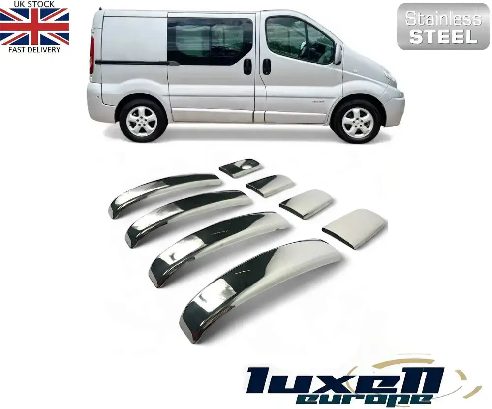 Chrome Door Handle Covers 4 Doors Stainless Steel for Vauxhall Vivaro, Renault Trafic, Nissan Primastar (2001-2014)