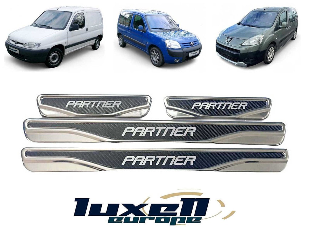 Premium Chrome and Carbon Fiber Door Sill Scratch Guards for Peugeot Partner - 4-Piece Set - Luxell Europe