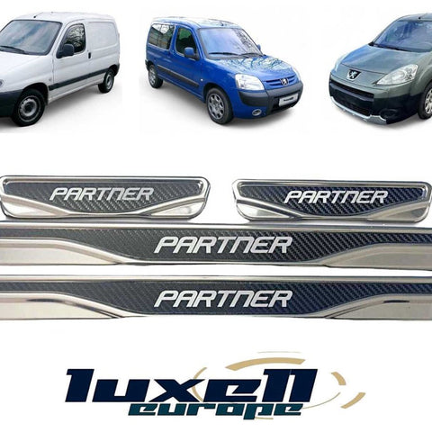 Premium Chrome and Carbon Fiber Door Sill Scratch Guards for Peugeot Partner - 4-Piece Set - Luxell Europe