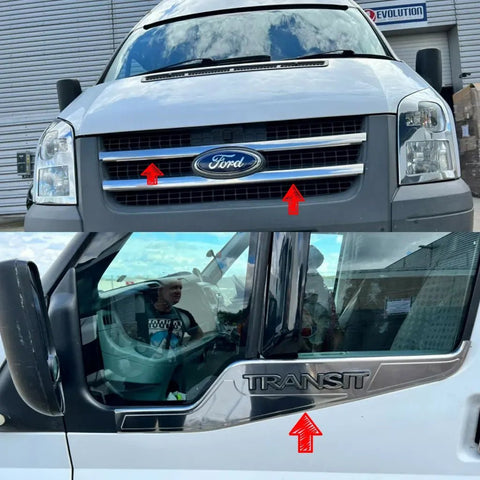 Fits Ford Transit MK7 2006-2013 Chrome Front Grille Strips Trim & Window Frame Trim Streamer SET - Luxell Europe