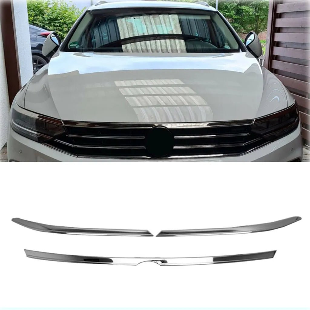 Fits VW Passat B8 B8.5 2014-2022 Chrome Front Head Light and Grille Hood Trim Streamer 3 Pcs - Luxell Europe